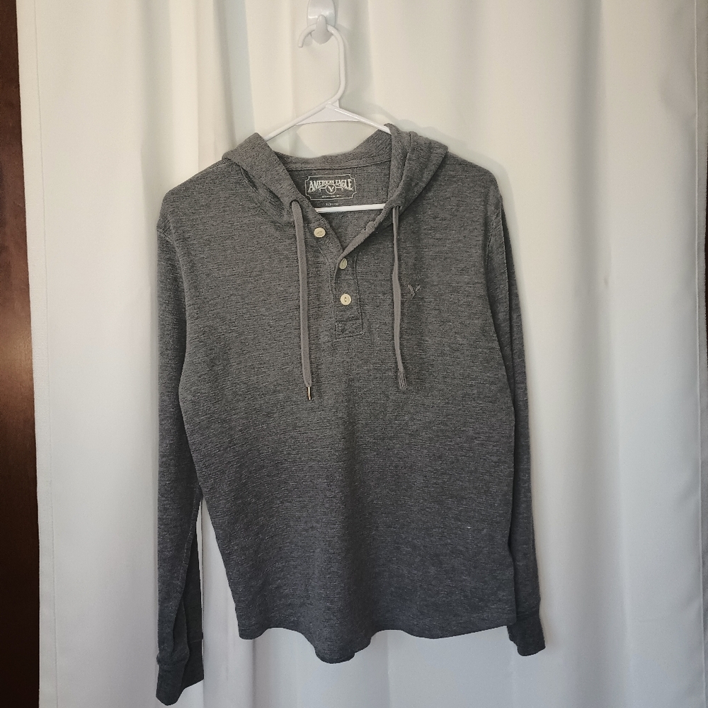 American Eagle Mens Waffle Knit Thermal Henley Hoodie Shirt Small Gray Preppy